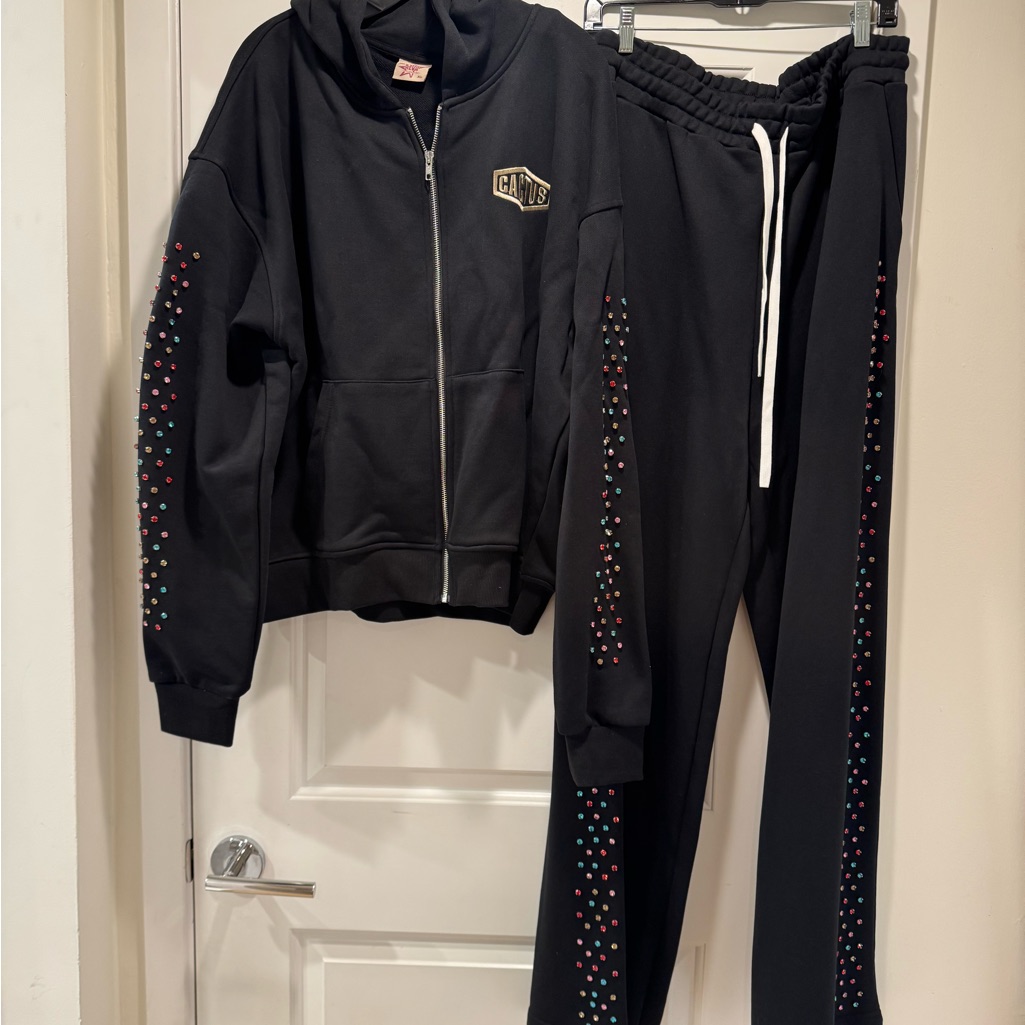 Azva Black Crystal Cactus Zip Hoodie And Sweatpants
